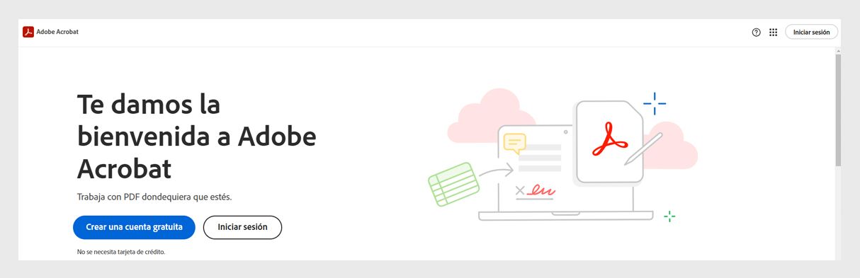La página de inicio de sesión de Acrobat en la web muestra opciones para iniciar sesión en su cuenta de Adobe Acrobat o para crear una cuenta gratuita.