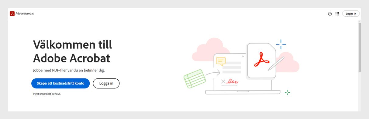 Inloggningssida för Acrobat på webben som visar alternativ för att logga in på ditt Adobe Acrobat-konto eller skapa ett kostnadsfritt konto.