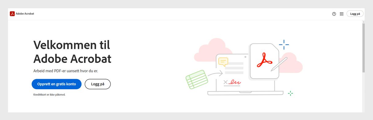 Påloggingssiden for Acrobat på nett viser alternativer for å logge på Adobe Acrobat-kontoen din eller opprette en gratis konto.
