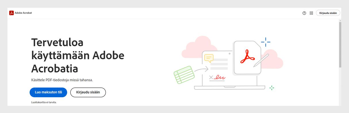 Acrobatin verkkokirjautumissivu näyttää vaihtoehdot, joilla voit kirjautua Adobe Acrobat -tilillesi tai luoda ilmaisen tilin.