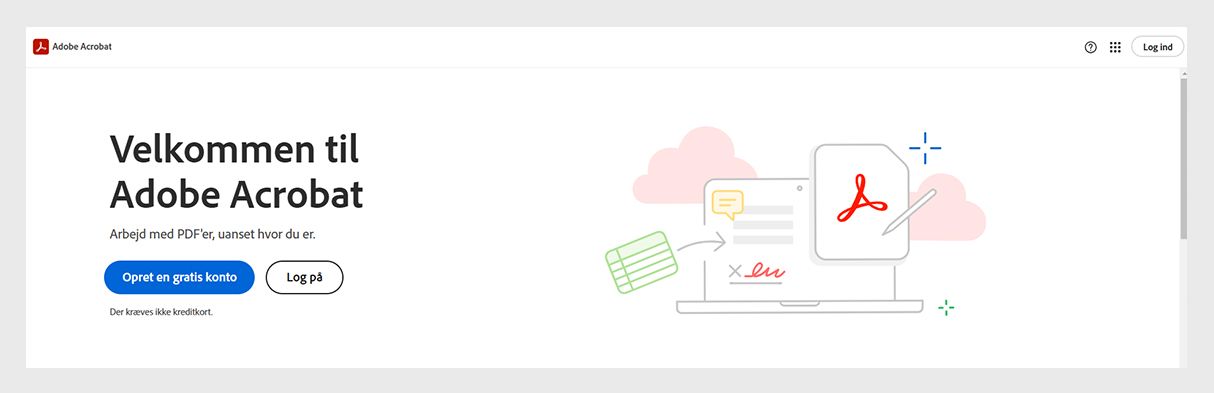 Loginsiden for Acrobat på internettet viser muligheder for at logge på din Adobe Acrobat-konto eller for at oprette en gratis konto.