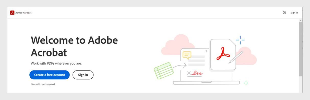 Ipinapakita ng sign-in page ng Acrobat sa web ang mga option para mag-sign in sa iyong Adobe Acrobat account o gumawa ng libreng account.