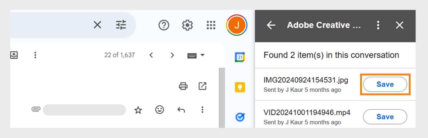 Selecteer in het rechterdeelvenster van het dialoogvenster de knop Opslaan (gemarkeerd in blauw) vóór het bestand dat je wilt opslaan in je cloudopslag. 