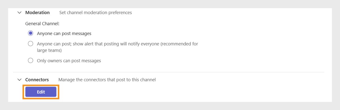 Ga op het scherm naar het gedeelte Connectors onderaan en selecteer de knop Bewerken (blauwe kleur) om de connectors te beheren.