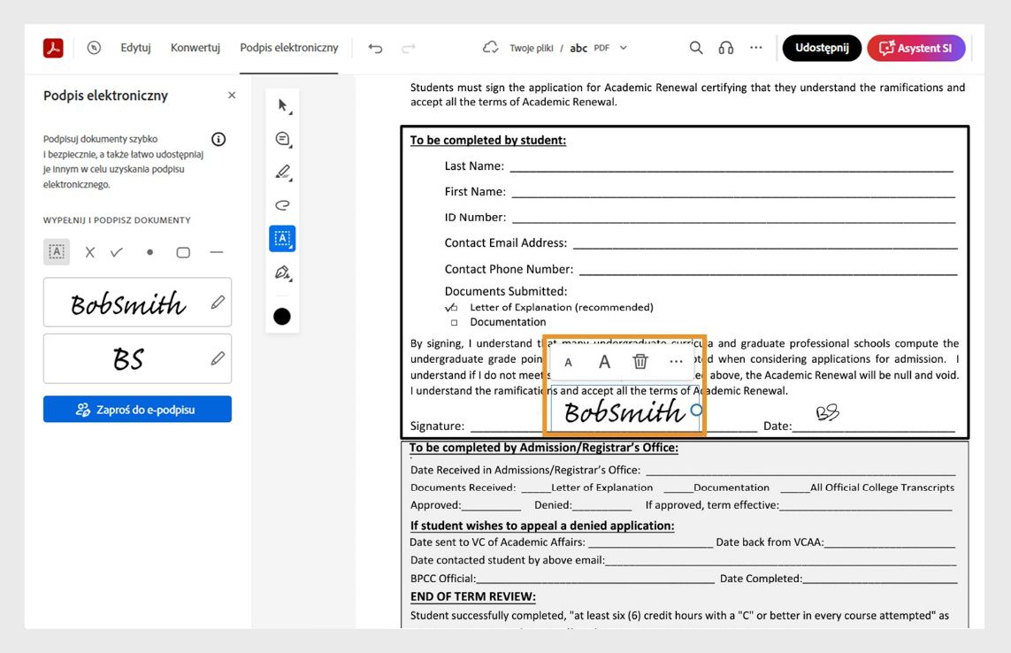 Po przeciągnięciu podpisu lub inicjałów i umieszczeniu ich w wybranym miejscu, pojawi się menu podręczne. Możesz użyć narzędzi menu, aby zmienić jego rozmiar lub usunąć go.