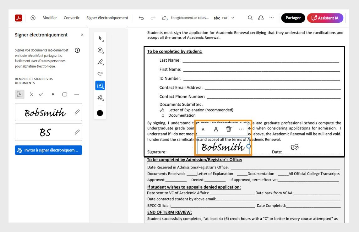 Une fois que vous avez fait glisser une signature ou un paraphe et que vous l’avez placé à l’endroit souhaité, il apparaît avec un menu déroulant. Utilisez les outils du menu pour le redimensionner ou le supprimer.