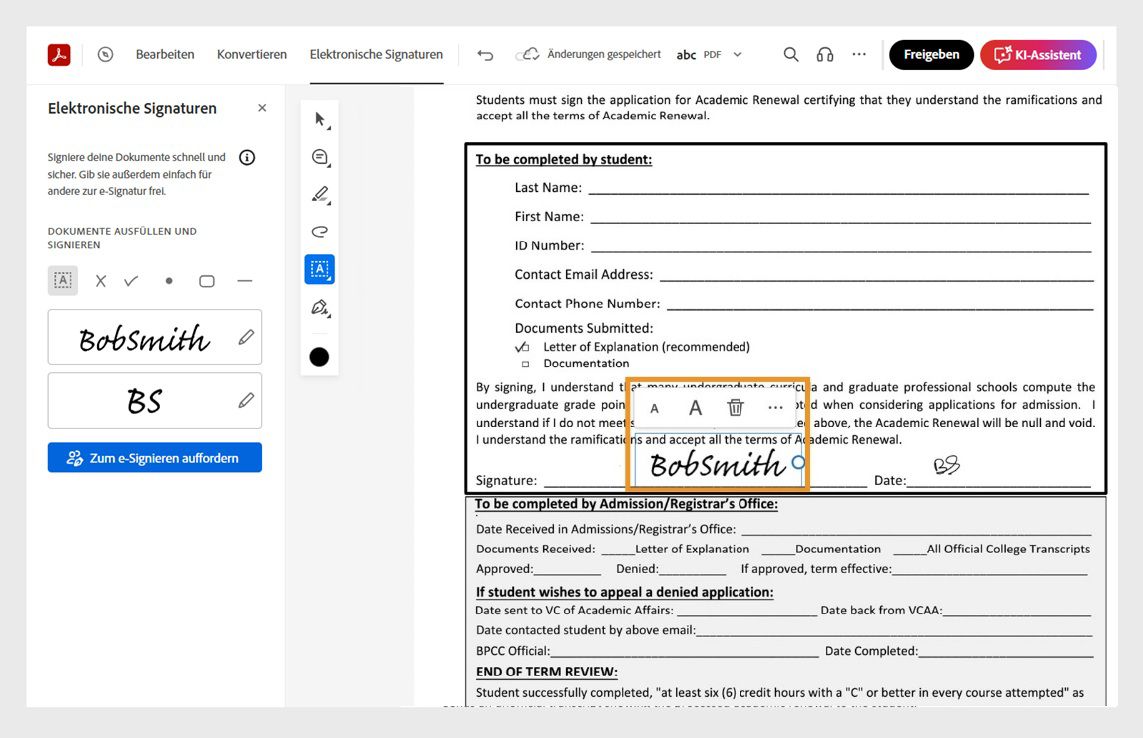 Wenn du eine Signatur oder Initialen ziehst und an der gewünschten Position platzierst, wird dabei ein Mauszeiger-Menü angezeigt. Mit den Menüwerkzeugen kannst du die Größe des Objekts ändern oder es löschen.