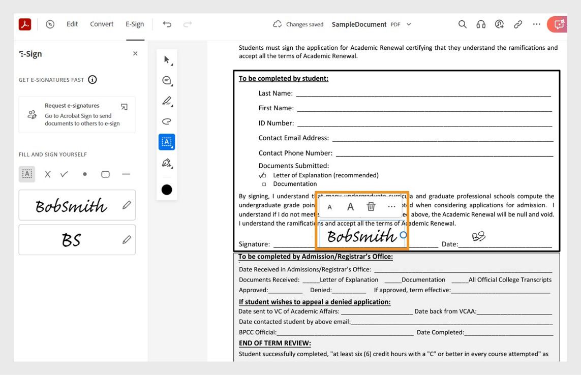 Kapag na-drag mo ang lagda o mga inisyal at nailagay ito sa gustong posisyon, magkakaroon ito ng hover menu. Maaari mong gamitin ang menu tools para i-resize o i-delete ito.