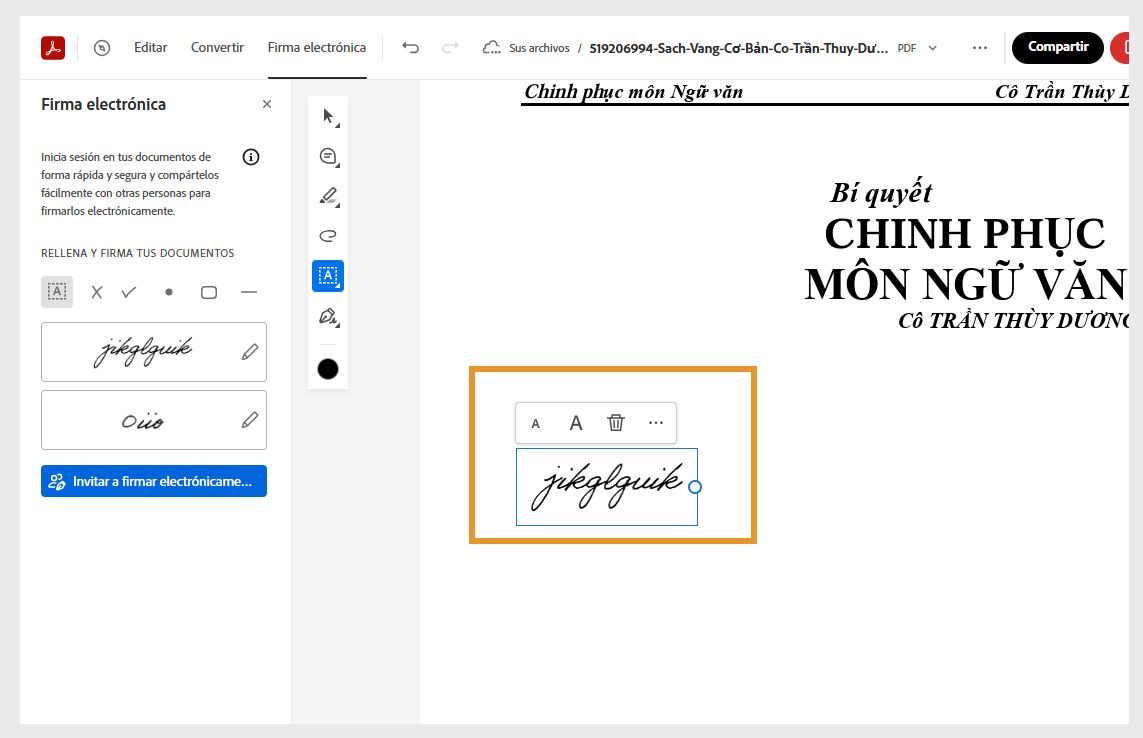 Una vez que arrastres una firma o unas iniciales y las coloques en la posición deseada, aparecerán con un menú flotante. Puedes utilizar las herramientas del menú para cambiar su tamaño o eliminarlas.