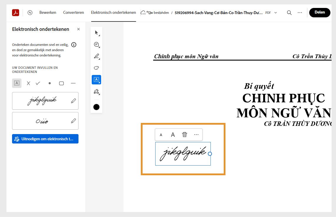 Zodra u een handtekening of initialen sleept en op de gewenste plaats zet, verschijnt er een zwevend menu. Met de menutools kunt u het formaat van de handtekening wijzigen of deze verwijderen.