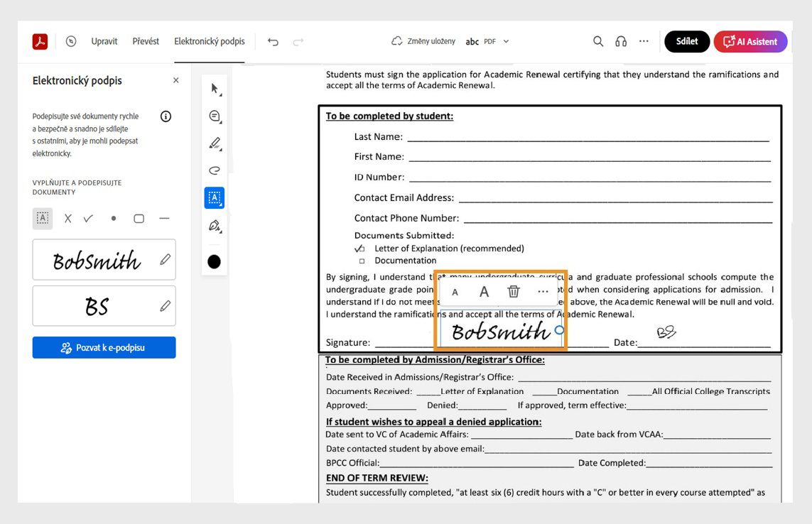 Jakmile přetáhnete podpis nebo iniciály a umístíte je na požadované místo, zobrazí se s nabídkou pro umístění kurzoru. Pomocí nástrojů nabídky můžete změnit velikost nebo provést odstranění.