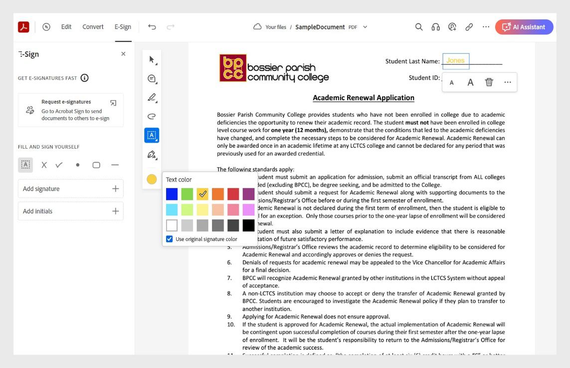 Napili ang Color tool sa Quick Actions menu. Nagpapakita ito ng color palette para baguhin ang kulay ng text.
