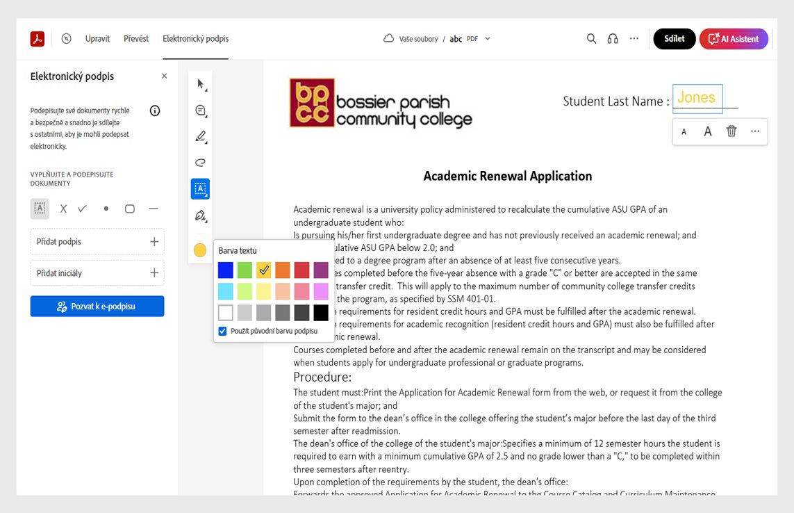 V nabídce rychlých nástrojů je vybrán nástroj Barva. Zobrazuje paletu barev pro změnu barvy textu.