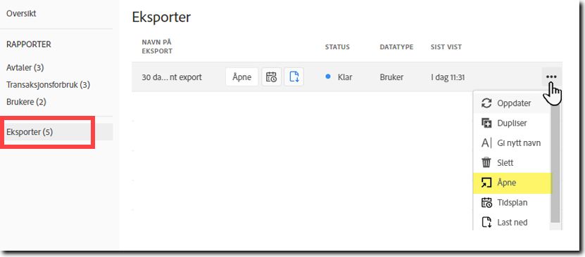 Åpne eksportoppføringen