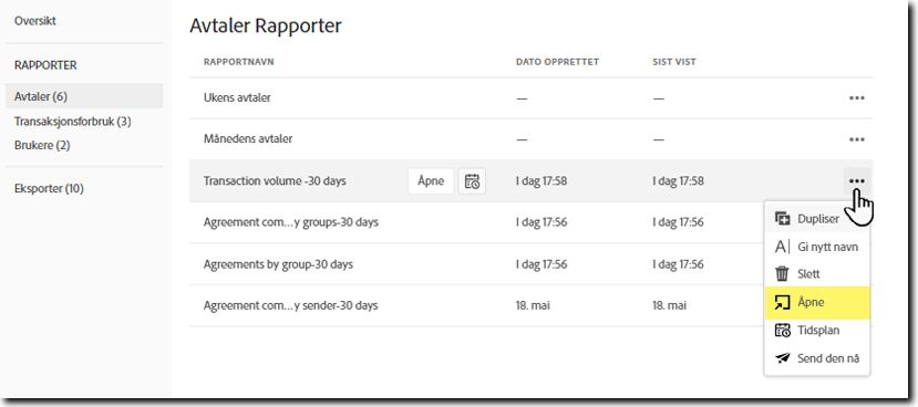 Åpne rapportoppføringen