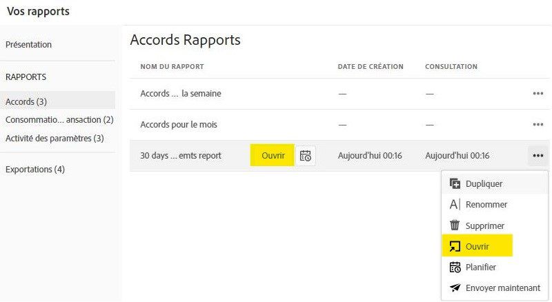 Enregistrement du rapport d’accord avec l’action Ouvrir en surbrillance