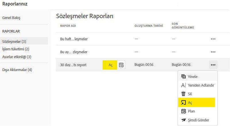 Aç eylemi vurgulanmış olarak anlaşma raporu kaydı