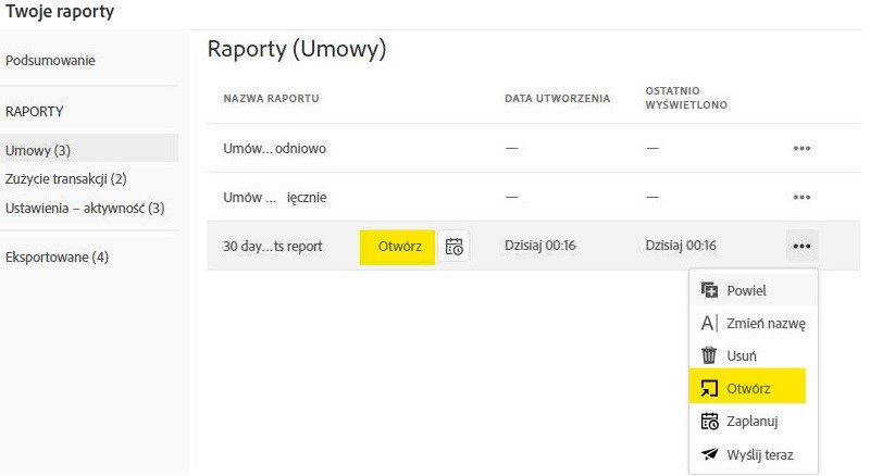 Rekord raportu umowy z zaznaczoną akcją Otwórz