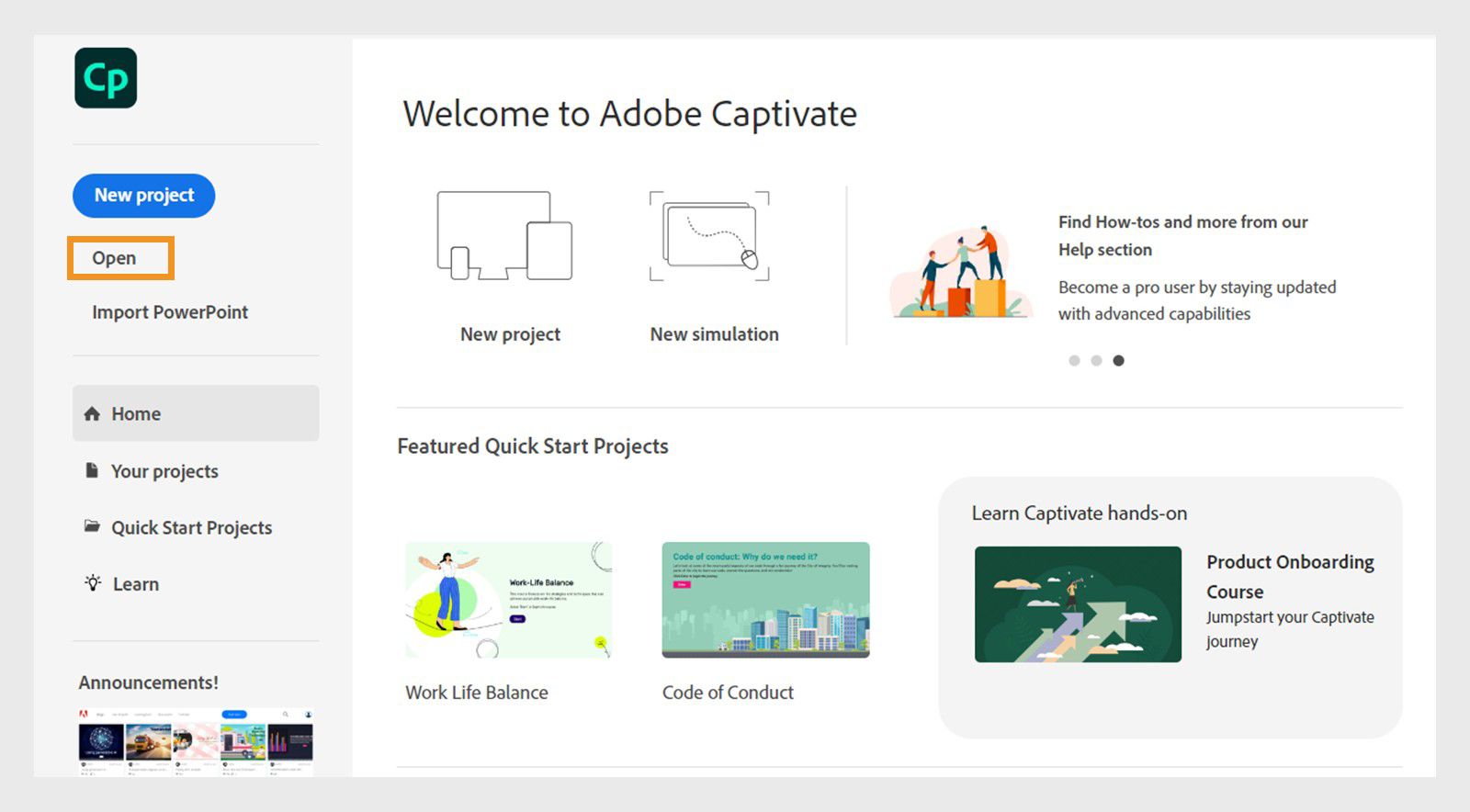 Image that describes the Captivate Home page with the option to select Open from the left panel