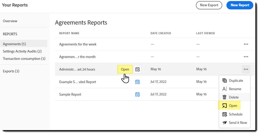 Rapportlisten med en post fremhævet, der viser lynhandlingsknappen Åbn