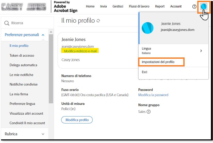 Interfaccia utente con l’icona utente selezionata e il menu espanso