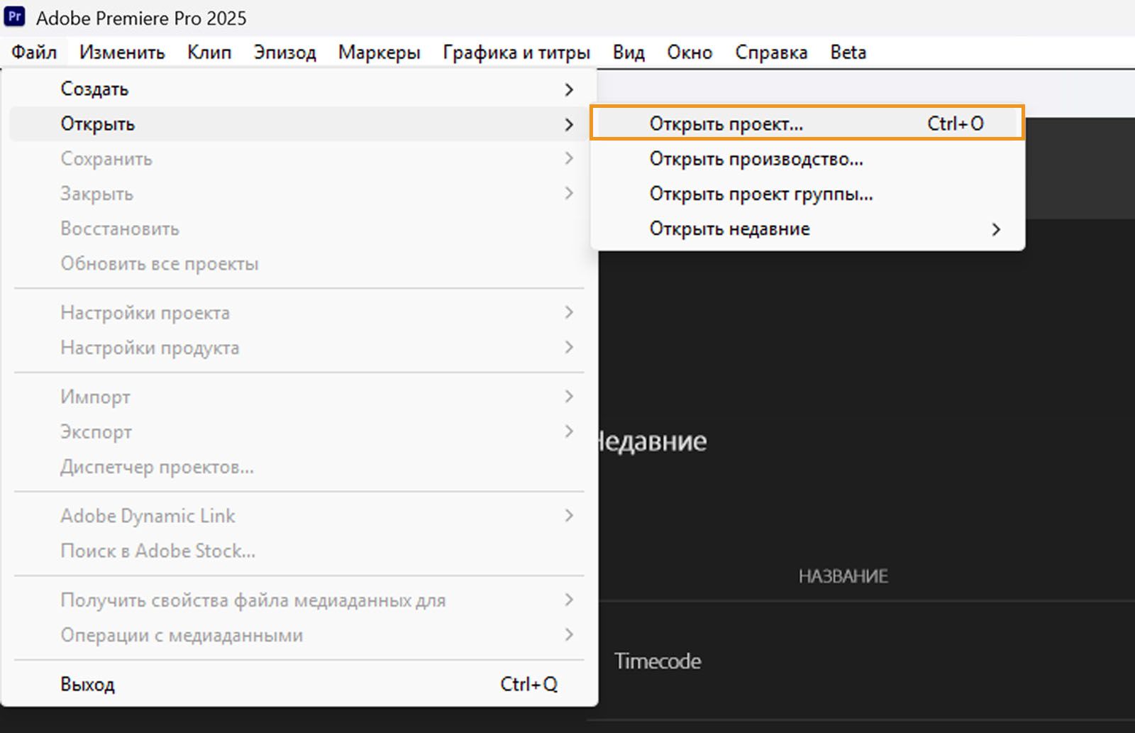 В меню «Файл» выделена опция «Открыть проект».