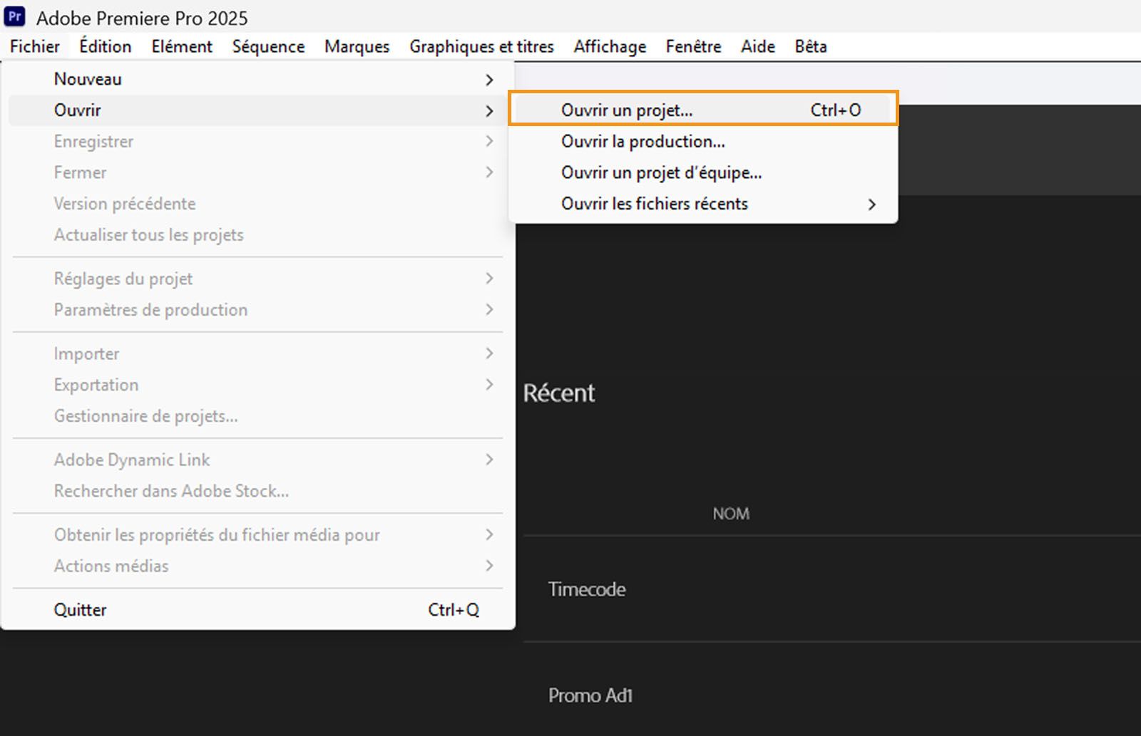 L’option Ouvrir un projet est mise en surbrillance dans le menu Fichier.