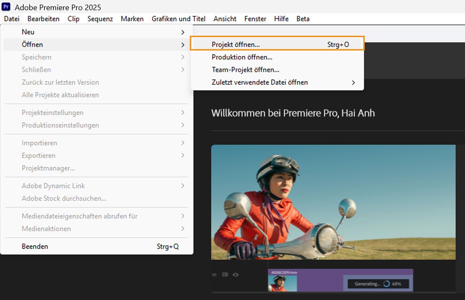 „Projekt öffnen“ ist im Menü „Datei“ hervorgehoben.