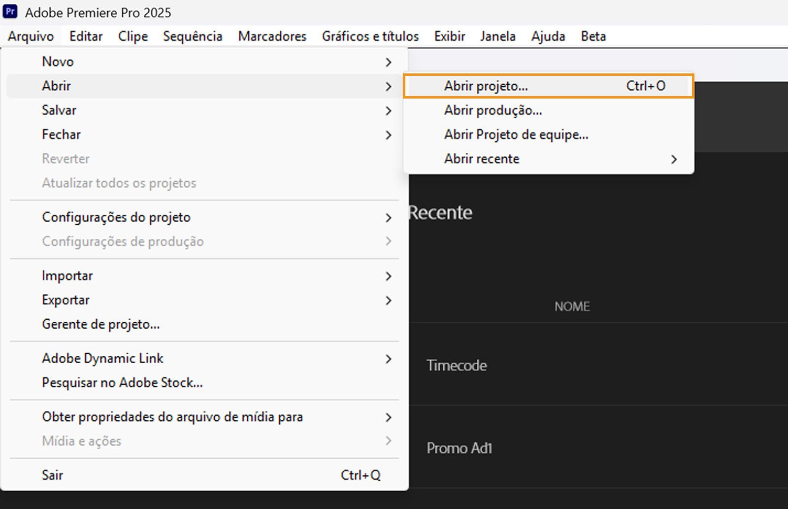 Abrir Projeto está destacado no menu Arquivo.