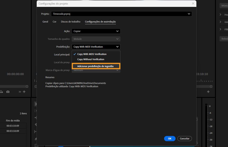 Opção nas “Configurações de assimilação” de adicionar uma predefinição de assimilação personalizada criada com o Adobe Media Encoder.
