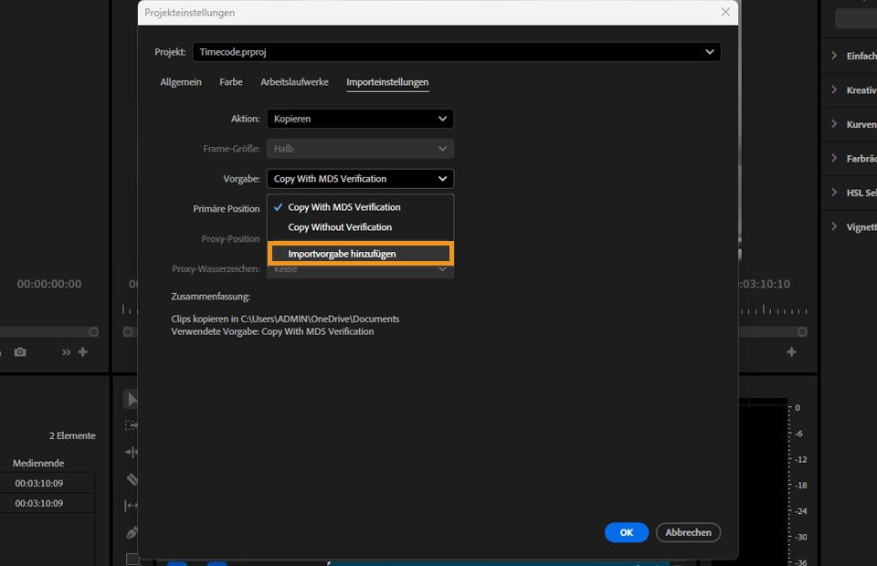 Option in den Importeinstellungen zum Hinzufügen einer benutzerdefinierten Importvorgabe, die mit Adobe Media Encoder erstellt wurde.