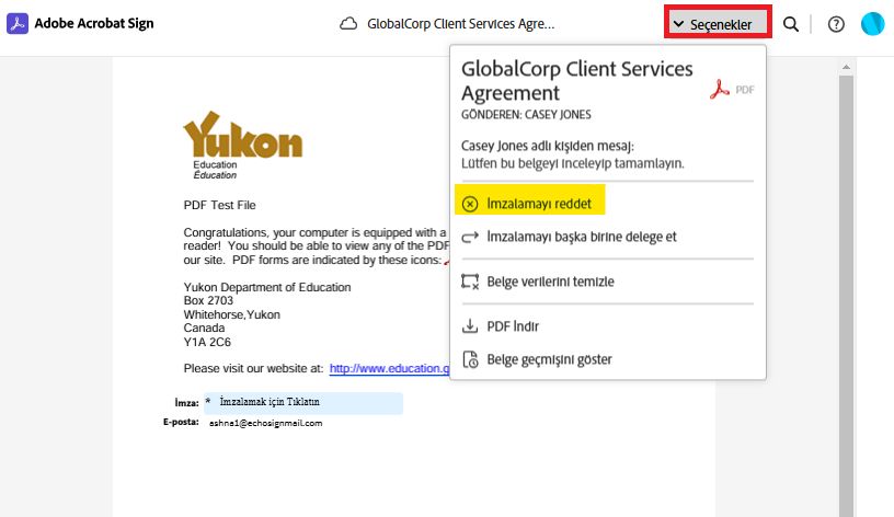 &quot;Seçenekler&quot; menüsünün genişletildiği ve &quot;İmzalamayı reddet&quot; seçeneğinin vurgulandığı &quot;e-imza&quot; sayfası.