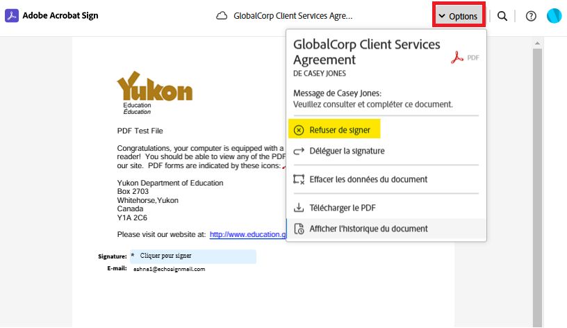 Page de signature électronique avec le menu « Options » développé et l’option « Refuser de signer » mise en surbrillance.