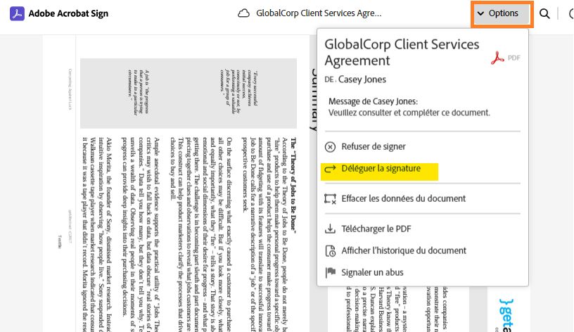 Page de signature électronique avec le menu Options développé et l’option « Déléguer » mise en évidence.