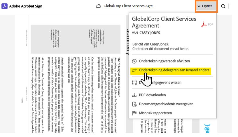 De pagina voor elektronische ondertekening met het menu Opties uitgevouwen en de optie Delegeren gemarkeerd.
