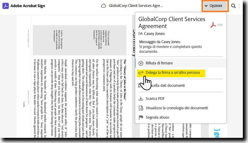 Pagina di firma elettronica con il menu Opzioni espanso e l’opzione “Delega” evidenziata.