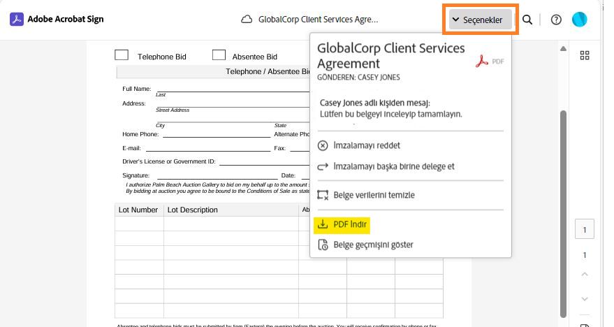 Seçenekler menüsünün genişletildiği ve &quot;PDF İndir&quot; seçeneğinin vurgulandığı e-imza sayfası.