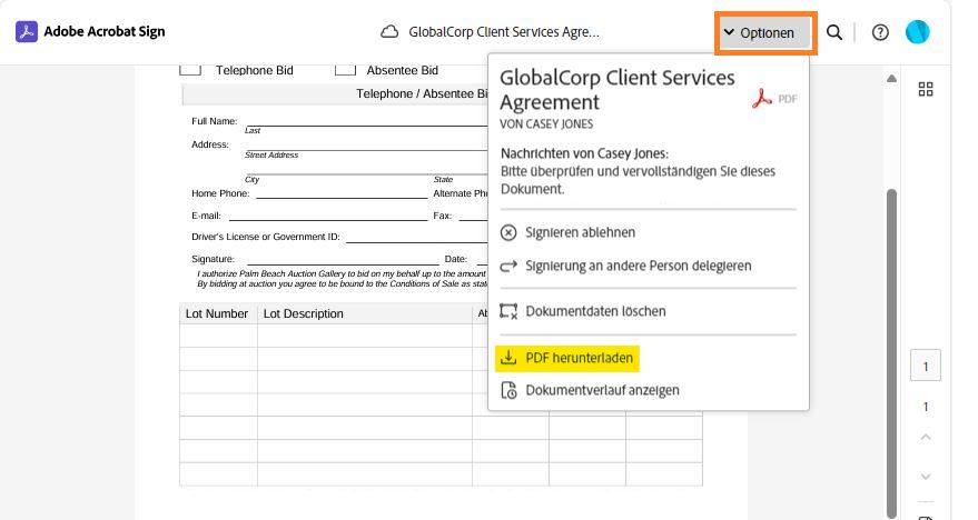 Die E-Signatur-Seite mit dem erweiterten Menü „Optionen“ und der hervorgehobenen Option „PDF-Datei herunterladen“