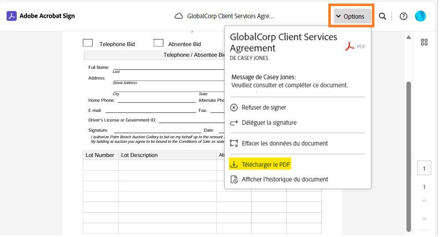 Page de signature électronique avec le menu Options développé et l’option « Télécharger le PDF » mise en évidence.