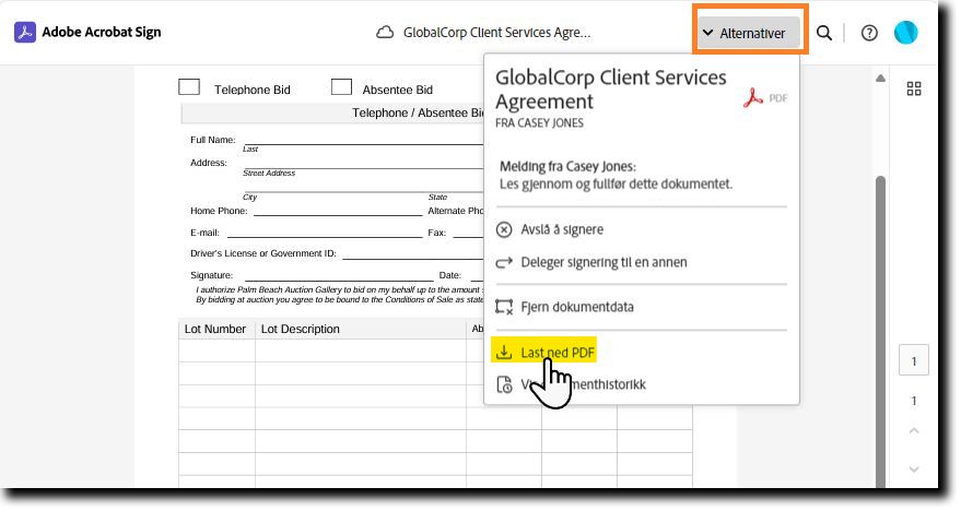 E-signeringssiden med Alternativer-menyen åpen og alternativet Last ned PDF valgt.