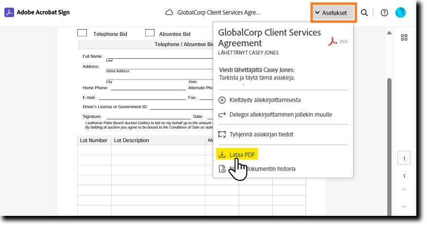 Sähköisen allekirjoituksen sivu, jolla Asetukset-valikko on laajennettuna ja Lataa PDF -vaihtoehto korostettuna.