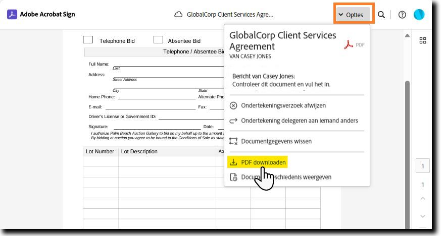 De pagina voor elektronische ondertekening met het menu Opties uitgevouwen en de optie PDF downloaden gemarkeerd.