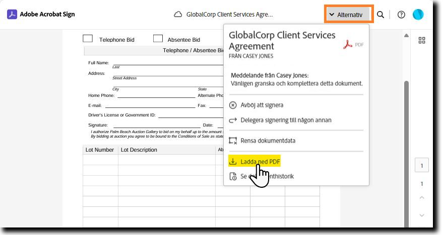 E-signeringssidan med menyn Alternativ utökad och alternativet Hämta PDF markerat.