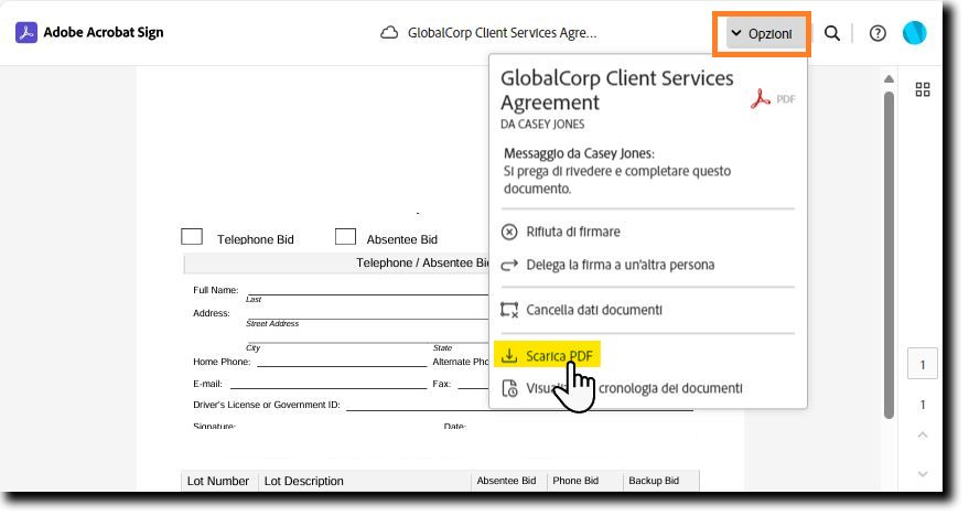 Pagina di firma elettronica con il menu Opzioni espanso e l’opzione “Scarica PDF” evidenziata.