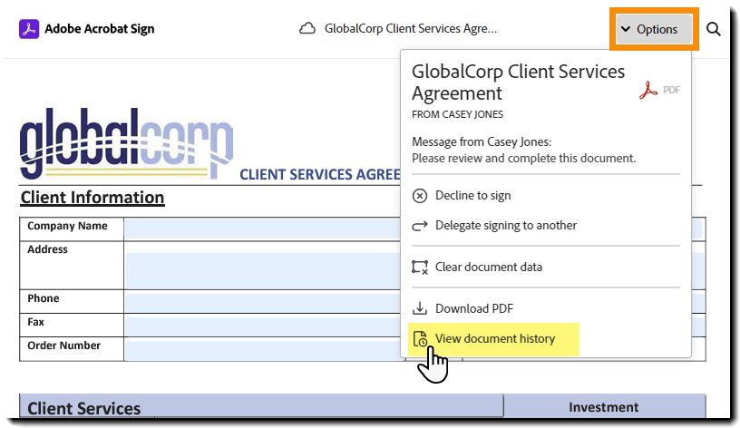 The e-sign page with the Options menu expanded and the "View history" option highlighted.