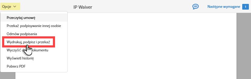Menu opcji konwersji na podpis pisemny