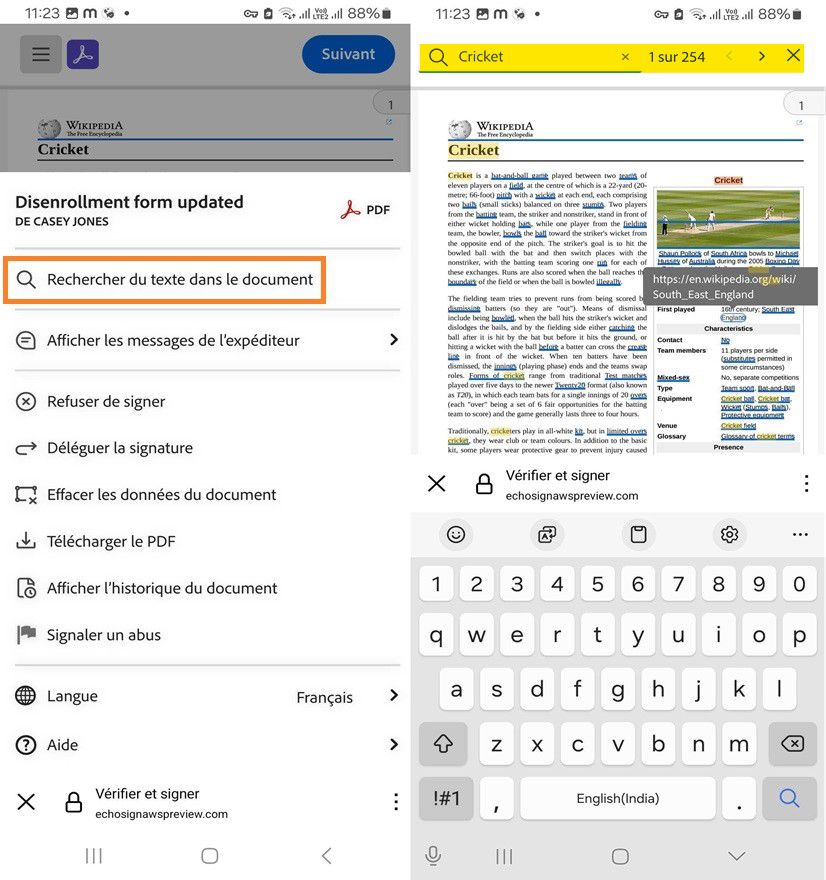 Nouvelle expérience du destinataire dans le menu Options sur appareil mobile avec la recherche de texte mise en évidence