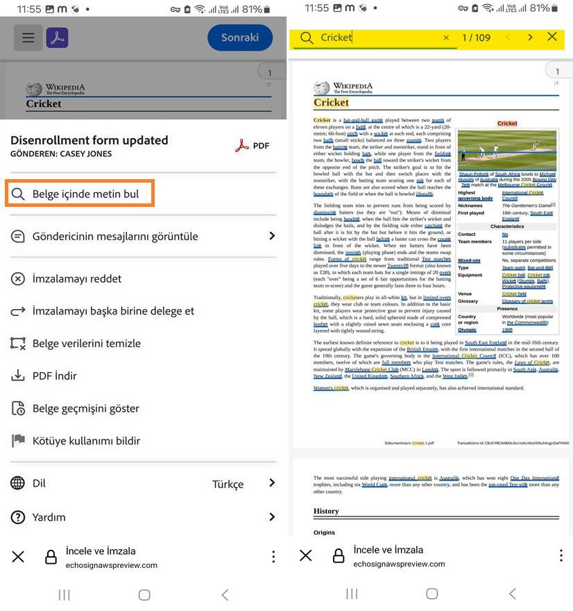 Mobil aygıtta metin aramasının vurgulandığı yeni alıcı deneyimi Seçenekler menüsü