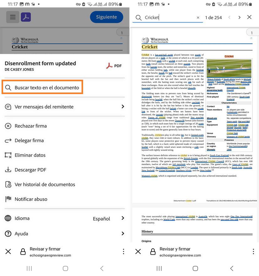 Nuevo menú de opciones de experiencia del destinatario en el dispositivo móvil cuando la búsqueda de texto está resaltada