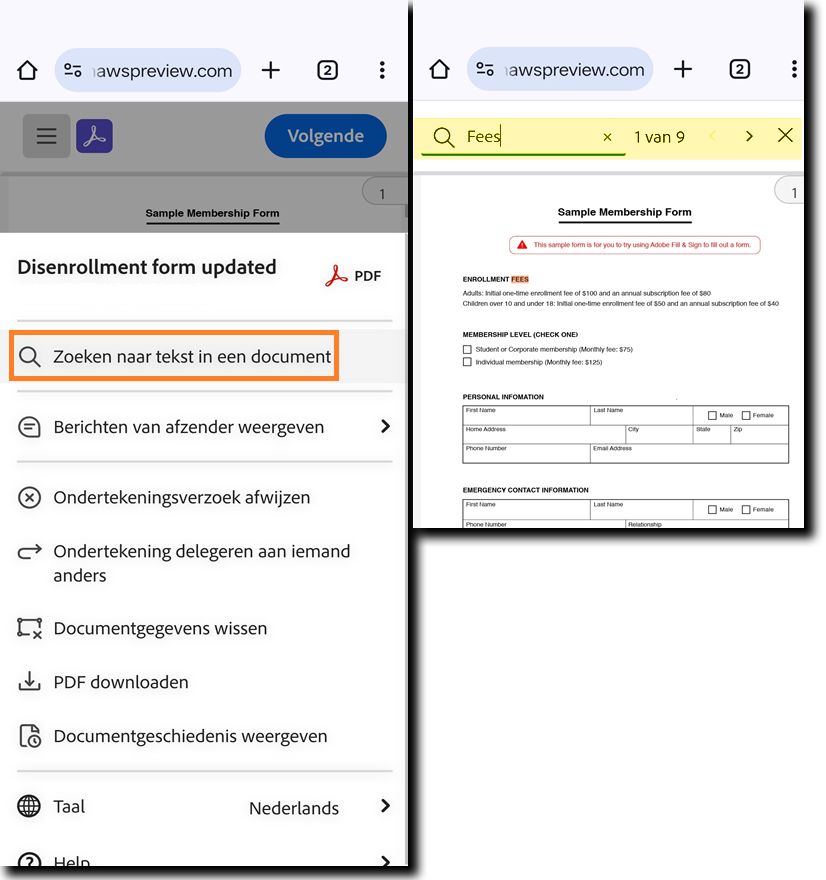 Het menu Opties voor de nieuwe ontvangerservaring op het mobiele apparaat met de tekstzoekopdracht gemarkeerd